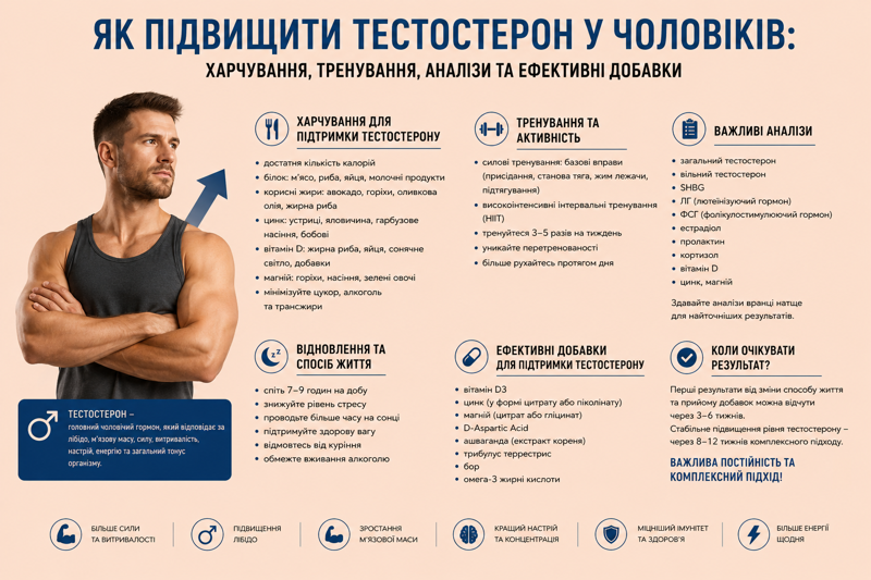 Як підвищити тестостерон у чоловіків: харчування, тренування, аналізи та ефективні добавки