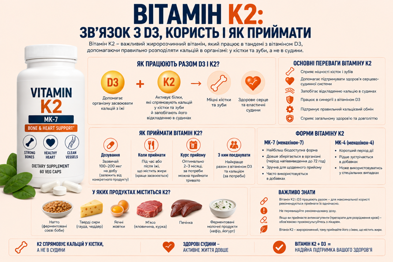 Вітамін K2: зв’язок з D3, користь і як приймати